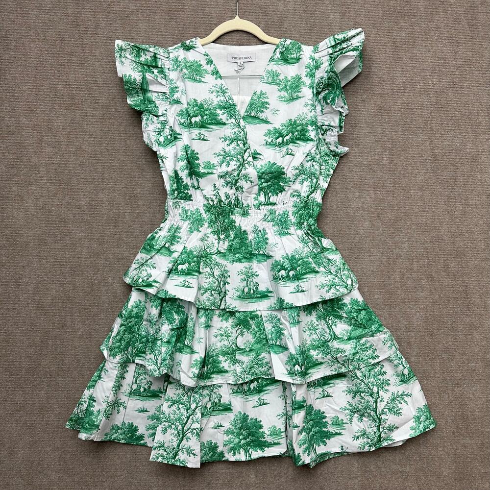 Prosperina Bridget Green Toile Ruffle Mini Dress Cotton Tiered Small Whimsical